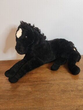 Dandee Black Horse Plush Stuffed Stallion Pony Lying Down 18in Blaze White Spot